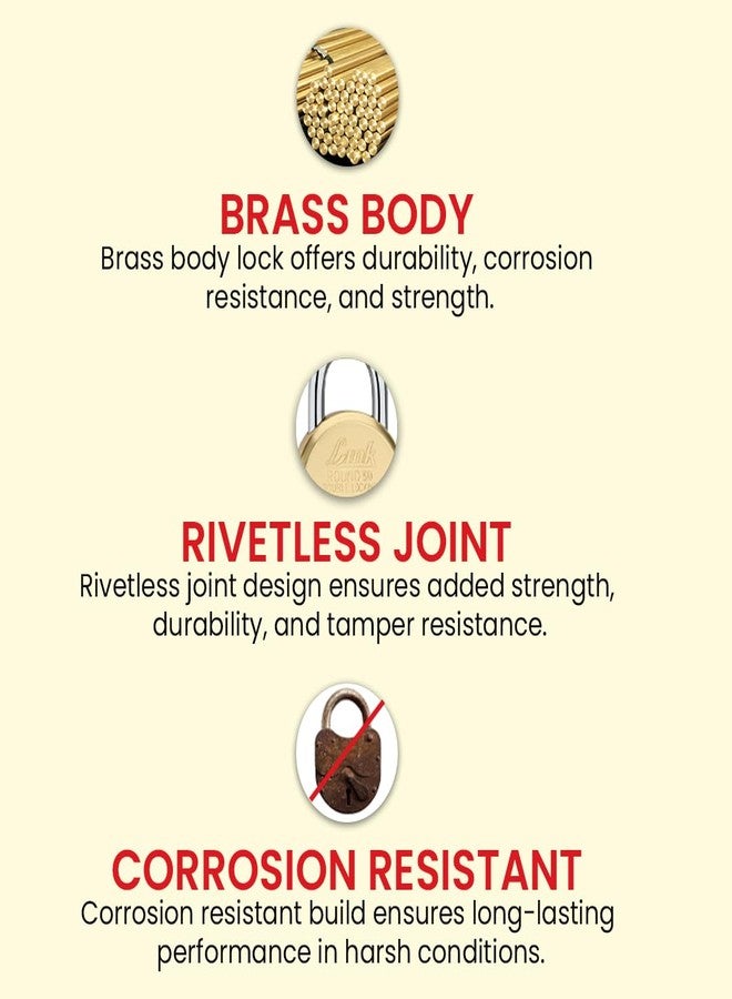 Link® 50mm Round Brass Lock | Brass Liver | Double Locking | | Padlock with 3 Silver Keys for Home Door, Office, Shop | Made in India - Image 3